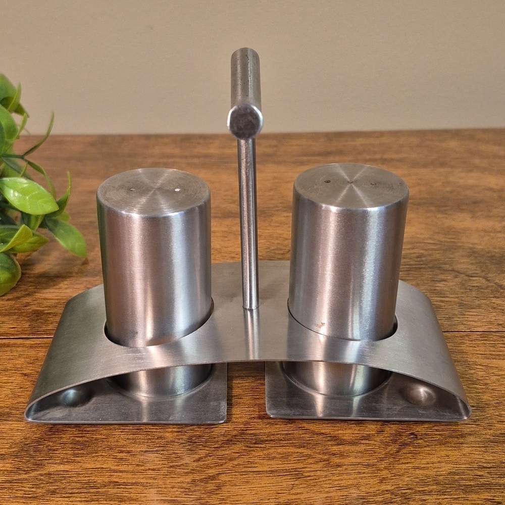 VINTAGE Stainless Steel Salt And Pepper Shaker Set With Caddy